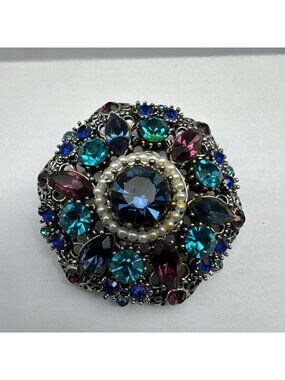 Vintage Art Deco Dome Rhinestone Multicolor Brooch Pin Silver Tone READ
